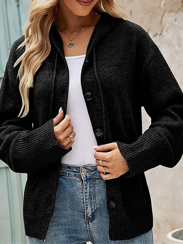 Women's Cardigan Sweater Jumper Ribbed Knit Regular Button Solid Color Hooded Stylish Casual Outdoor Daily Fall Winter Black White S M L
