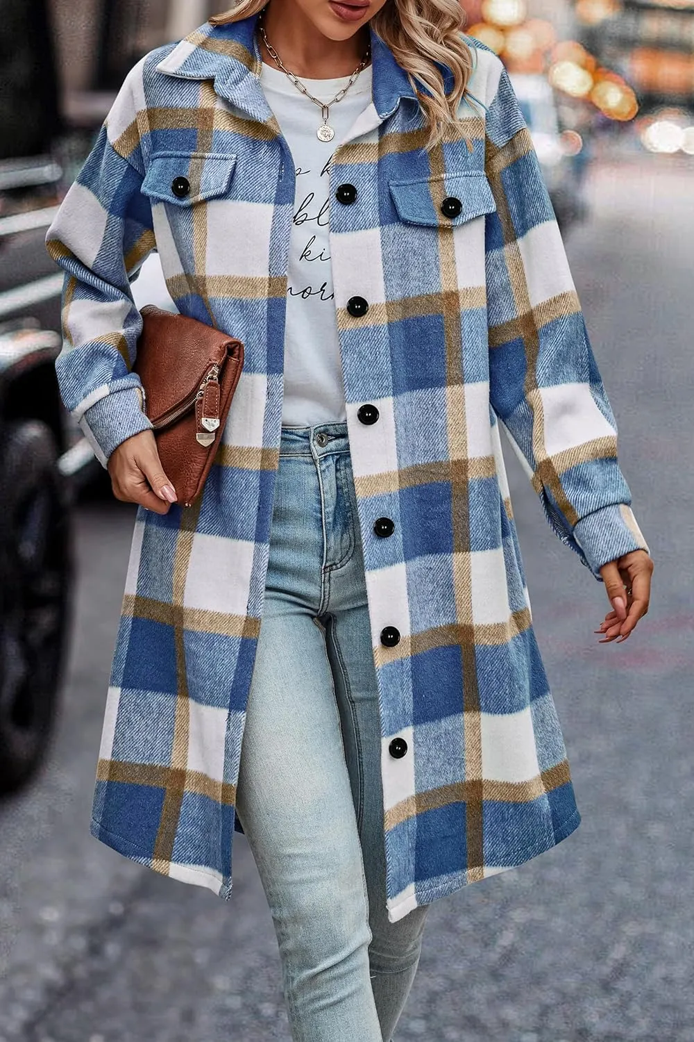 Women's Plaid Shacket 2023 Long Sleeve Button Up Flannel Shirt Winter Tartan Jacket Woolen Coats