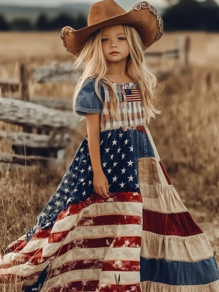Young Girl's Independence Day America Flag Patchwork Print Linen Short Sleeve Dress