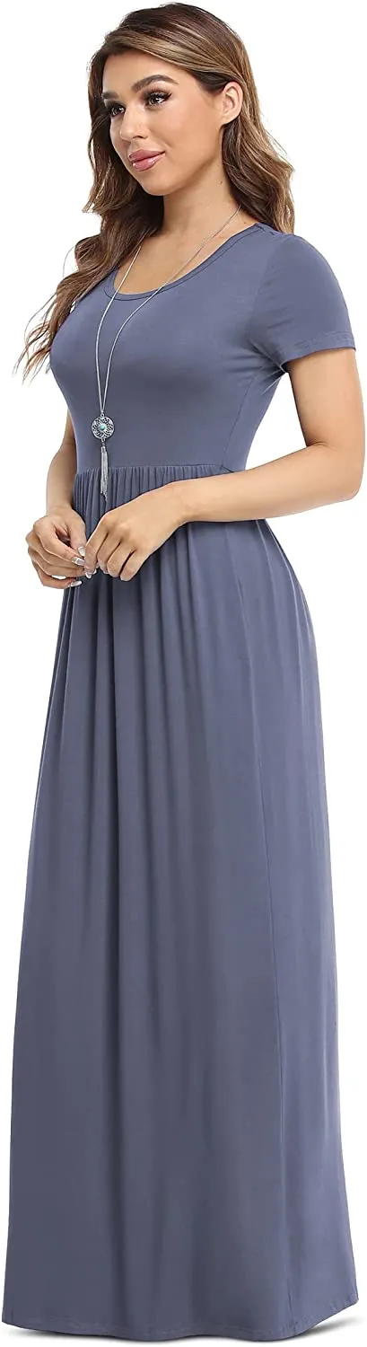 Women's Short Sleeve Loose Plain Maxi Dresses Casual Long Dresses with Pockets