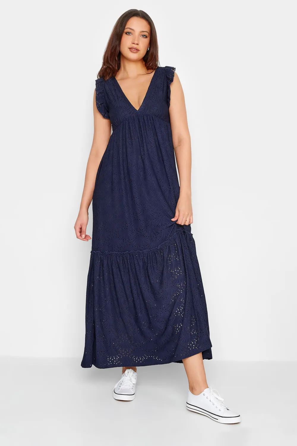 LTS Tall Navy Blue Broderie Anglaise Frill Maxi Dress