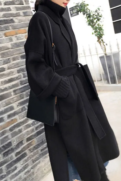 Front Pockets Lapel Faux Woolen Coat