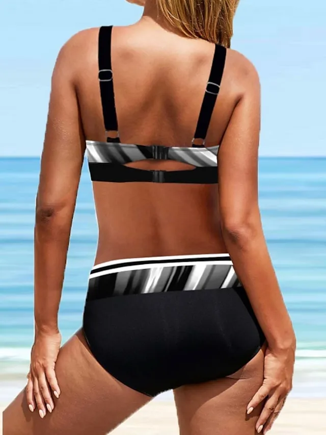 Women's Swimwear Bikini 2 Piece Plus Size Swimsuit Backless 2 Piece Stripe Sexy Printing Ombre Geometic Black Purple V Wire Bathing Suits New Vacation Stylish