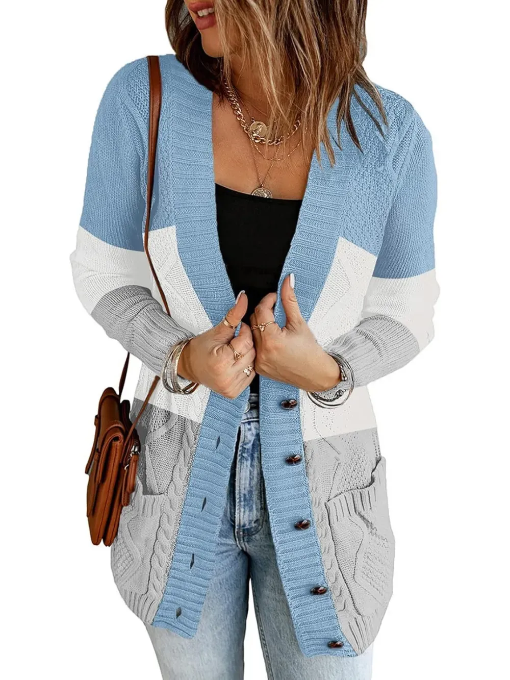 Womens Long Sleeve Open Front Buttons Cable Knit Pocket Sweater Cardigan