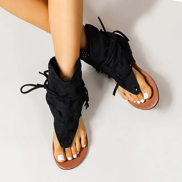 Women's Sandals Flat Sandals Gladiator Sandals Roman Sandals Outdoor Daily Beach Summer Lace-up Flat Heel Open Toe Vintage Casual Canvas Synthetics Loafer Solid Color Solid Colored Black Yellow Brown