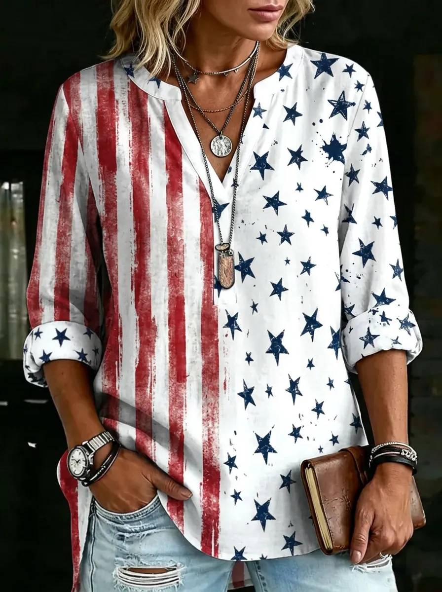 Women's Nashville Patriotic Stars and Stripes Printed V-neck Shirt