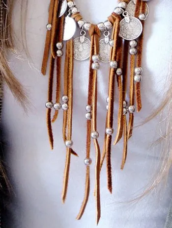 Boho Suede Beaded Fringe Necklace Leather Sweater Chain