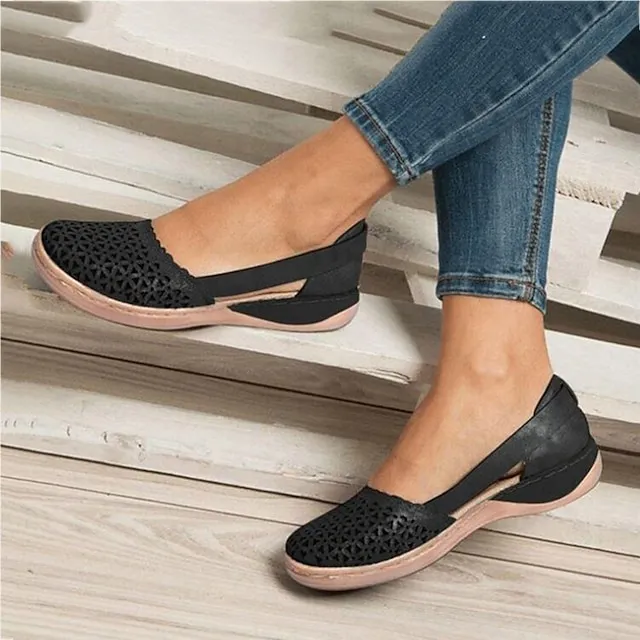 Women's Sandals Wedge Sandals Comfort Shoes Plus Size Outdoor Work Daily Summer Hollow Out Flat Heel Round Toe Classic Casual Minimalism Walking Shoes Faux Leather Loafer Solid Color Solid Colored
