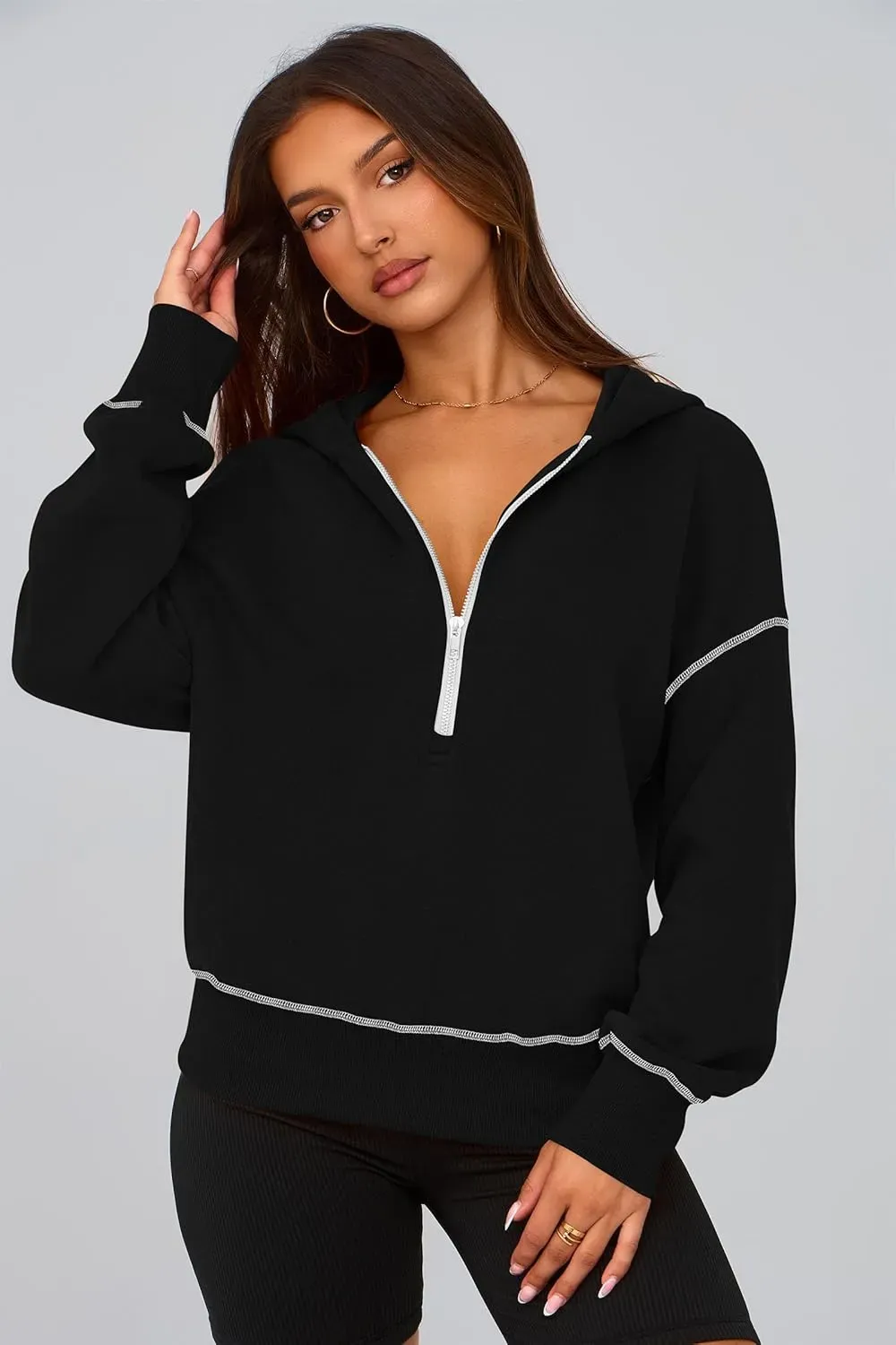 Women's Hooded Sweatshirts Long Sleeve Half Zip Cropped Hoodie Pullover Winter Fashion Clothes