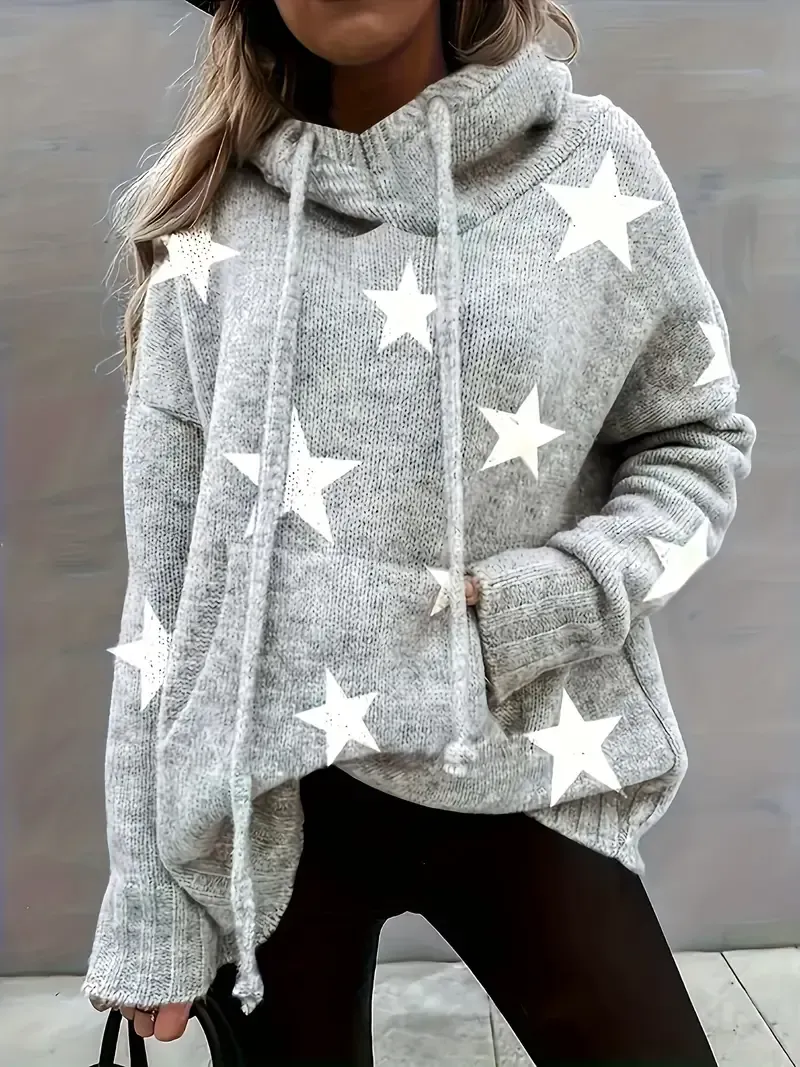 Plus Size Casual Sweater, Women's Plus Star Print Long Sleeve Drawstring Hoodie Sweater With Pockets