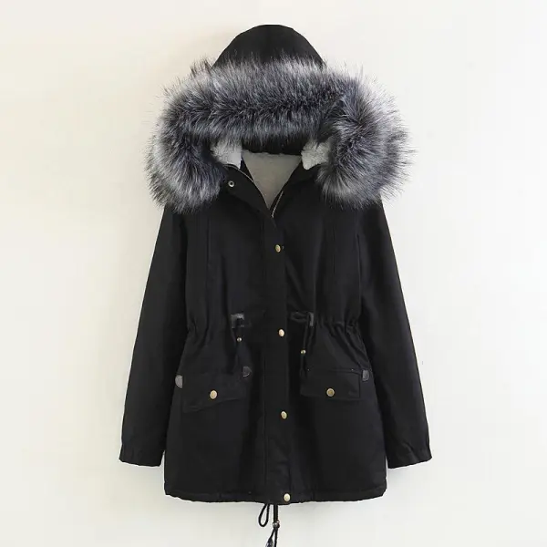 Faux Fur Collar Pockets Drawstring Women Parka Jacket Oversized Coat
