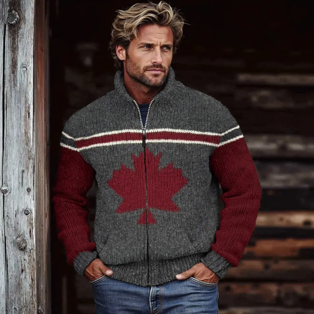 Men's Vintage Canada Maple Leaf Jacquard Turtleneck Zipper Sweater
