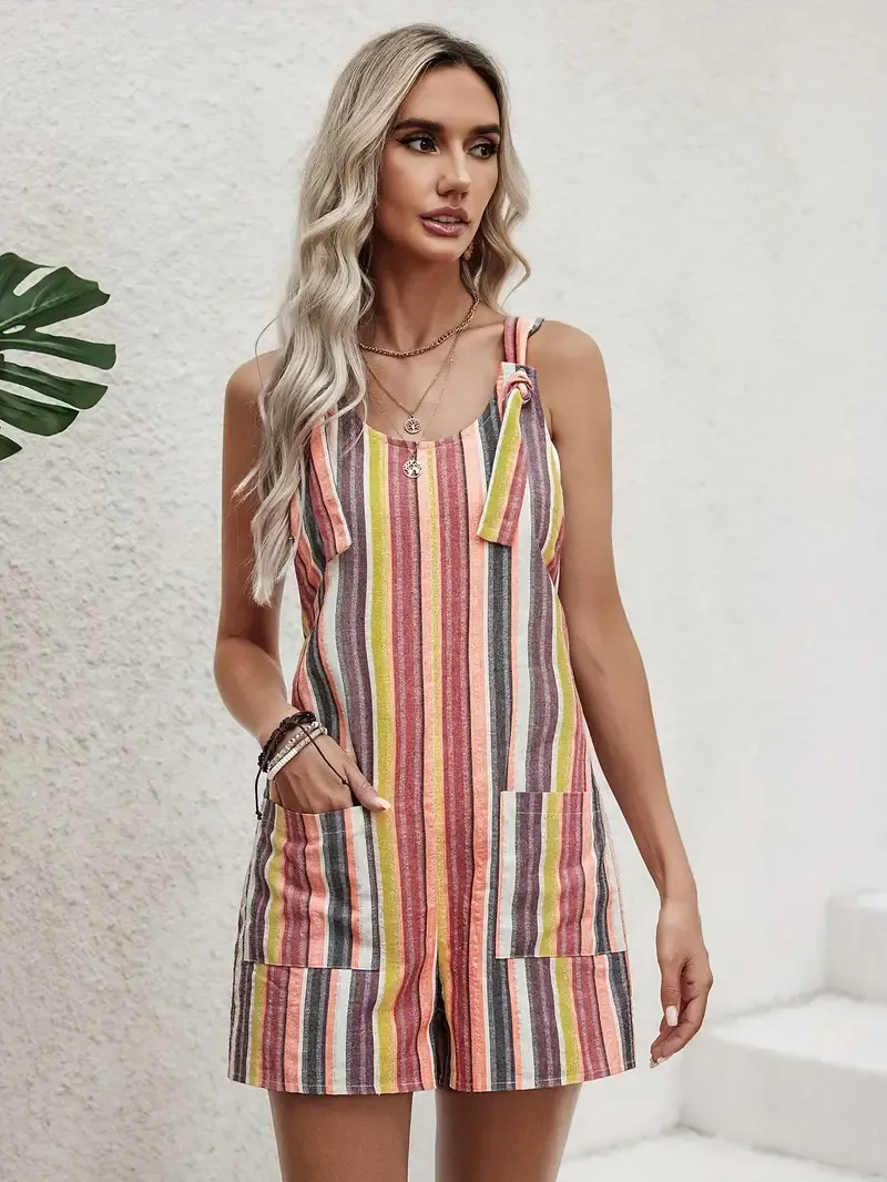 Striped Wide Strap Romper, Vacation Style Pockets Jumpsuit For Spring & Summer, Women's Clothing