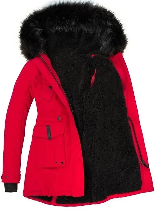 Women's Parka Winter Coat Mid-Length Puffer Jacket with Fur Collar Thermal Warm Heated Jacket Fleece Lined with Pockets Zip up Drwastring Hooded Outerwear Long Sleeve Fall Light Yellow Light Pink