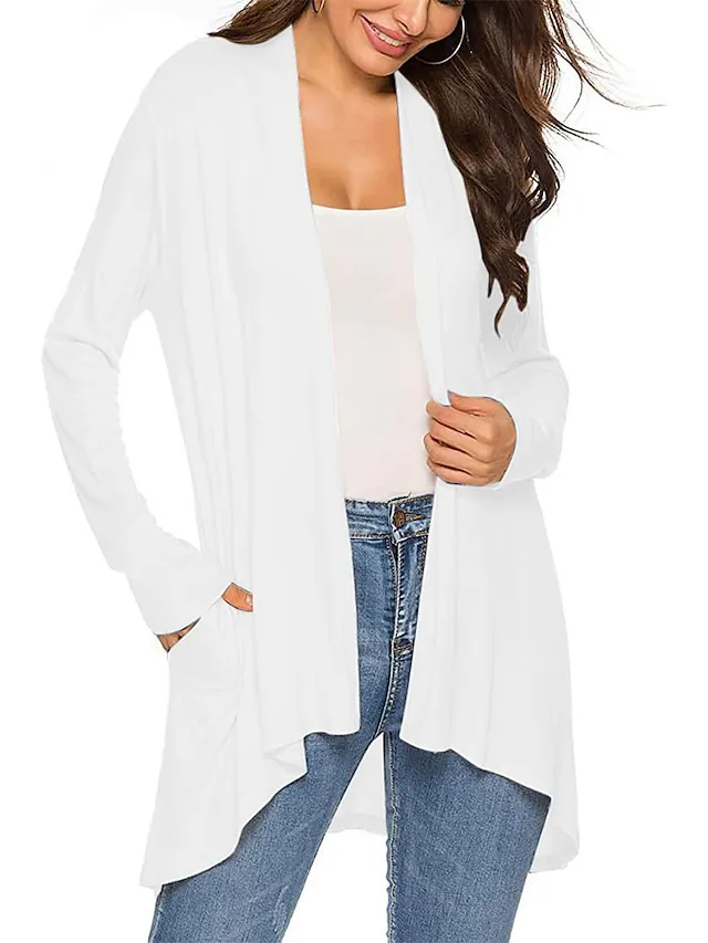 Women's Cardigan Sweater Open Front Ribbed Knit Knit Pocket Summer Fall Outdoor Daily Weekend Stylish Casual Soft Long Sleeve Solid Color Black White Wine S M L