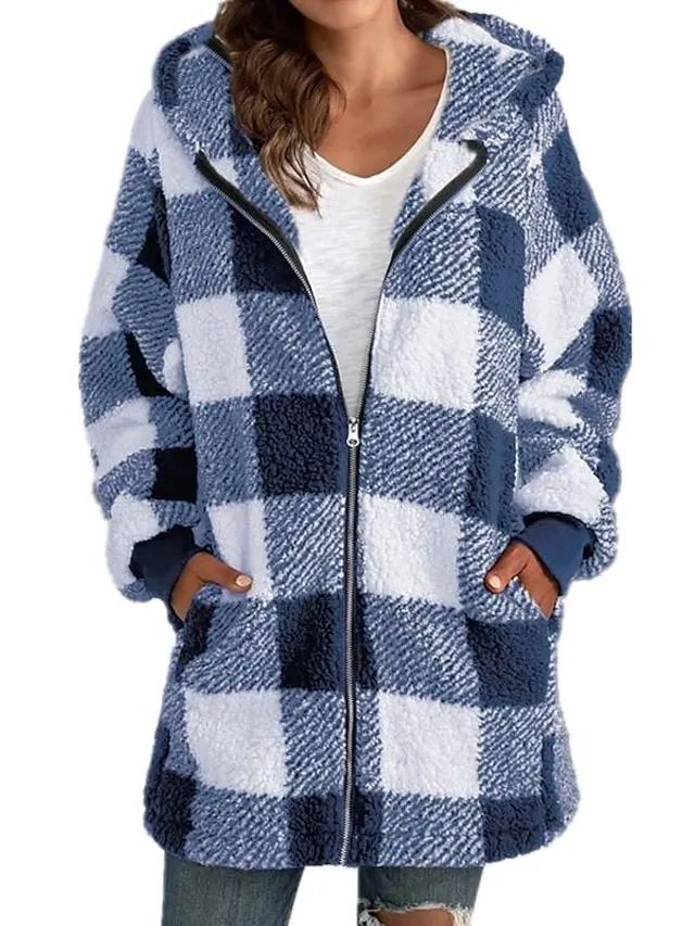 Women's Zip Hoodie Sweatshirt Vintage Sports Basic Zip Up Front Pocket Black Red Blue Plaid Street Casual Hoodie Long Sleeve Top Micro-elastic Fall & Winter