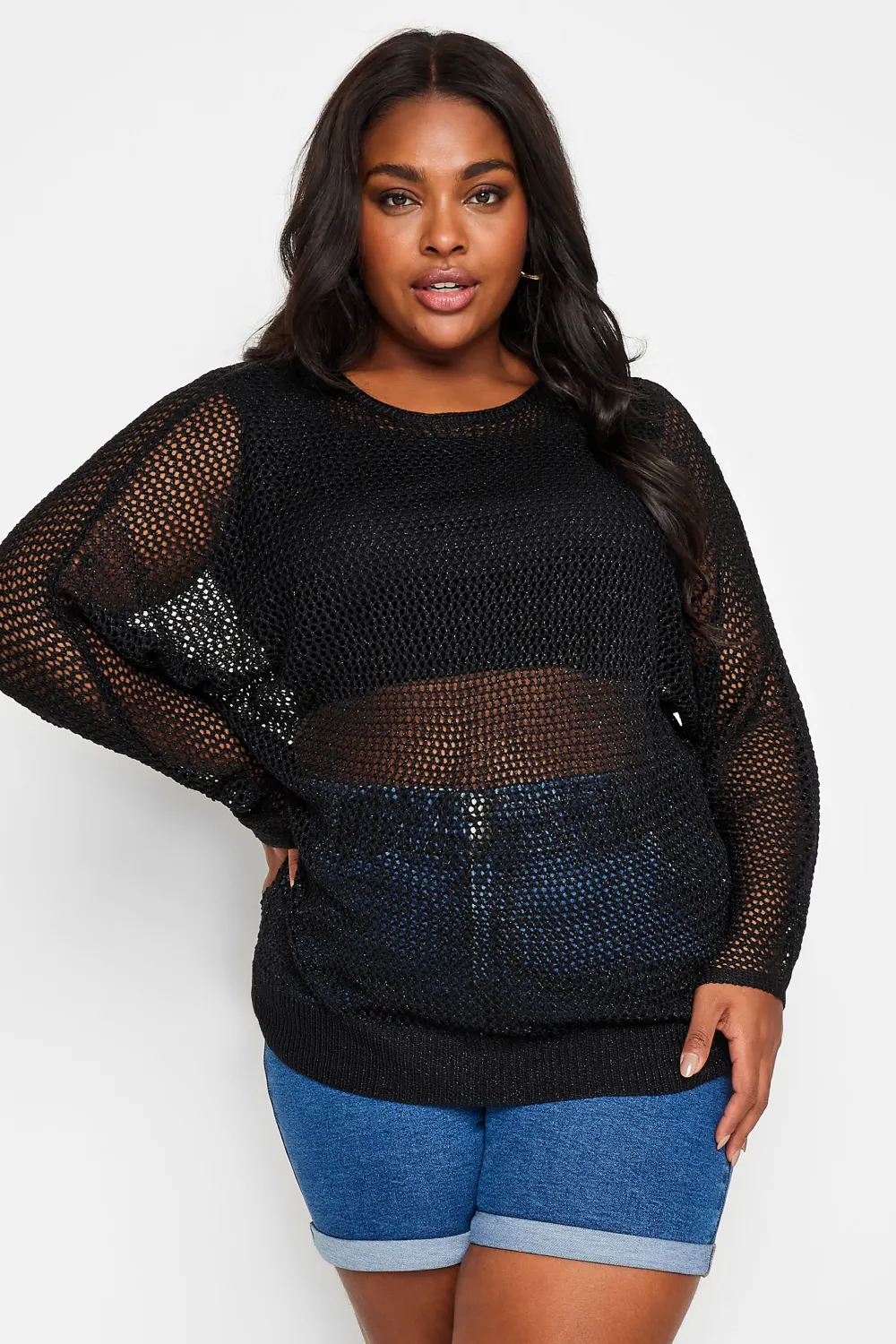 YOURS Curve Black Metallic Crochet Jumper