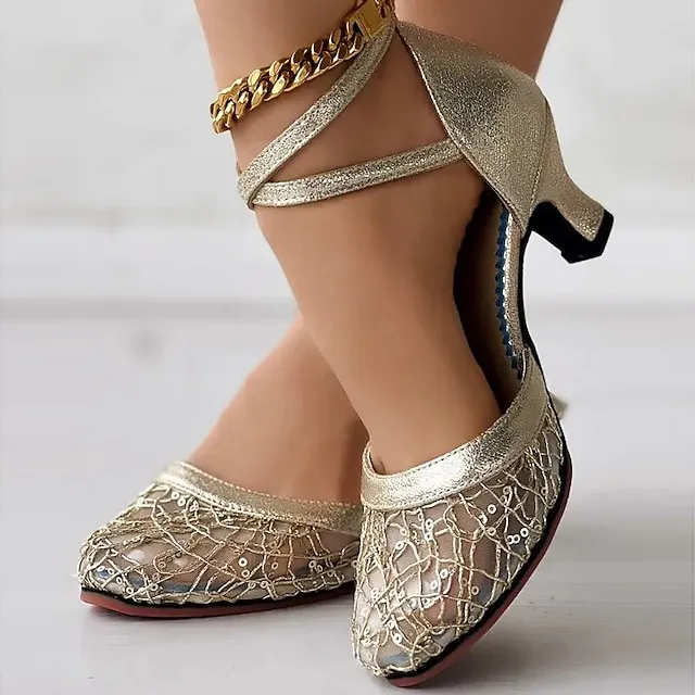 Women's Heels Wedding Shoes Sandals Sexy Shoes Stilettos Comfort Shoes Outdoor Daily Summer Sequin Low Heel Pointed Toe Fashion Elegant Sexy Mesh Cross Strap Solid Color Black 5.5cm Black 3.5cm Blue