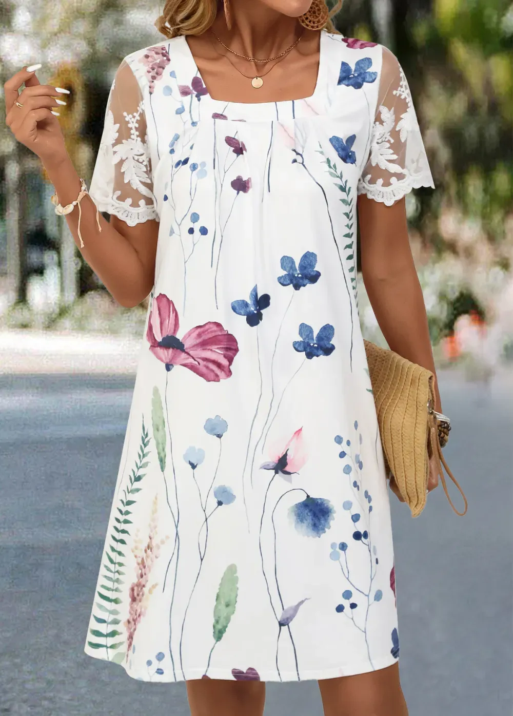 White Lace Floral Print Short A Line Dress