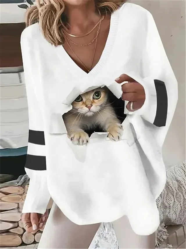 Women's Pullover Sweater Jumper Jumper Ribbed Knit Print Animal V Neck Stylish Casual Outdoor Daily Summer Fall White / Black Black S M L