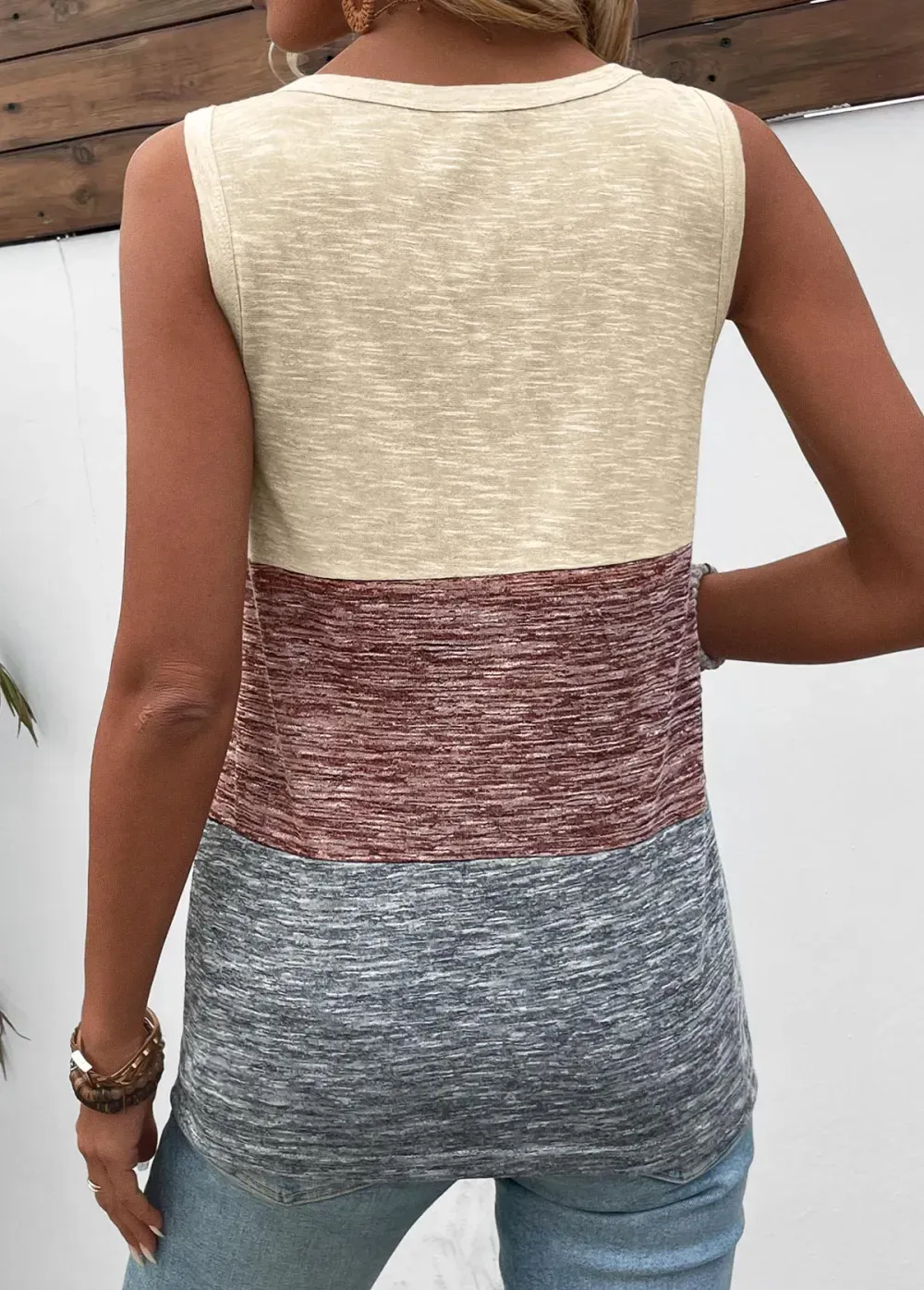 Light Coffee Patchwork Round Neck Tank Top