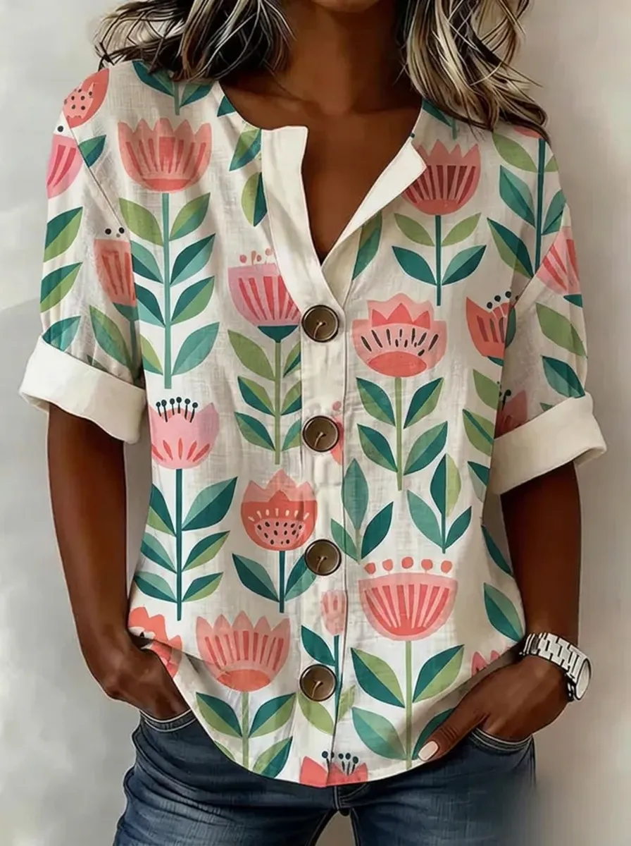 Women's Nashville Floral Botanical Printed Button-Down Shirt