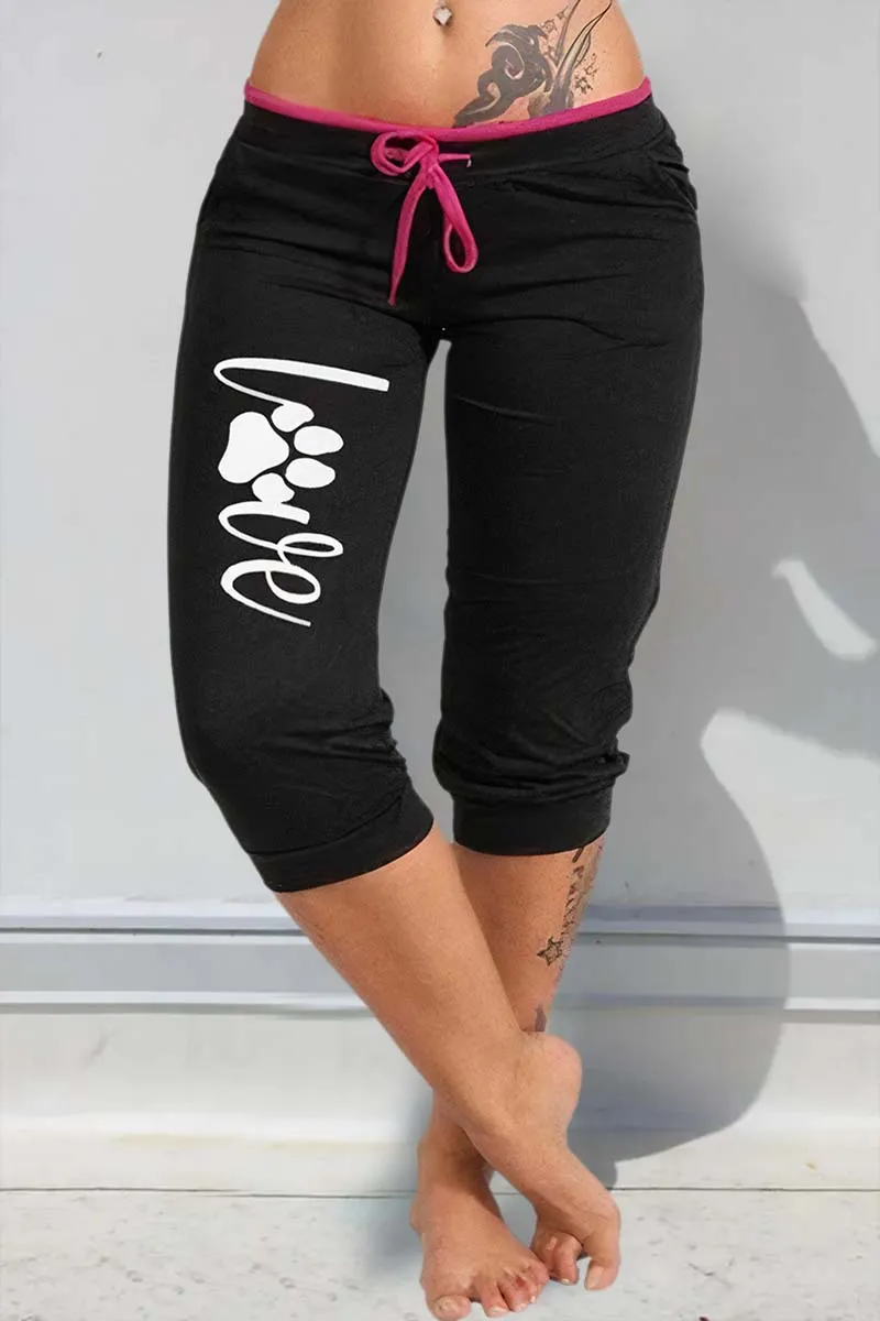 Letter & Paw Print Drawstring Contrast Binding Capris Pants
