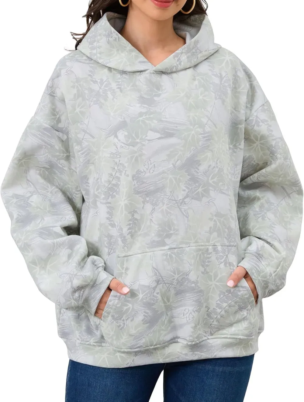 Womens Camo Hoodies Maple Leaf Print Oversized Hooded Sweatshirt Fleece Pullover Sweatshirts Long Sleeve with Pocket
