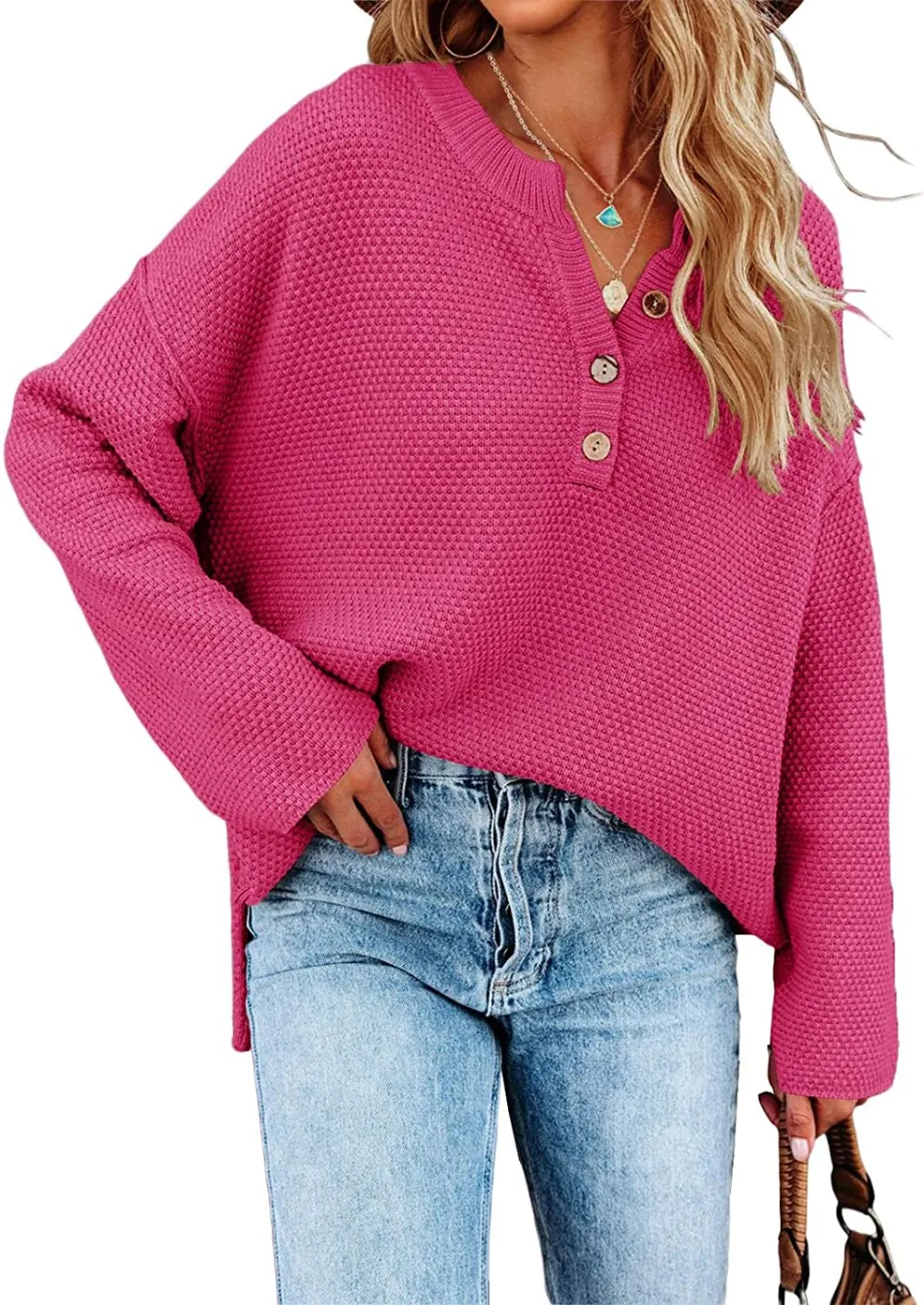 Women's Oversized Sweaters Batwing Long Sleeve Loose V Neck Button Henley Tops Pullover Knit Jumper