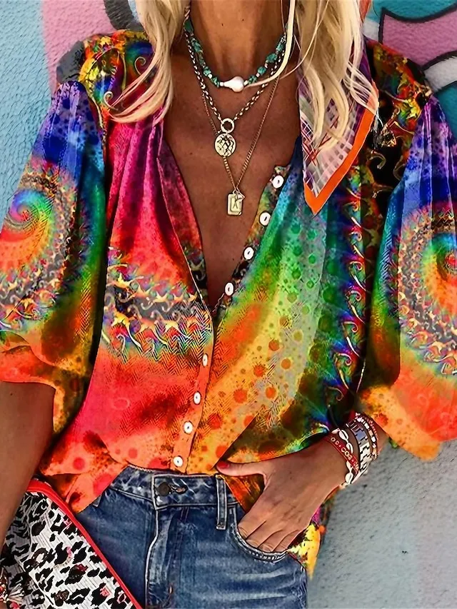 Women's Shirt Blouse Yellow Orange Graphic Button Print Long Sleeve Casual Daily Basic Neon & Bright V Neck Regular Fit Fall & Winter