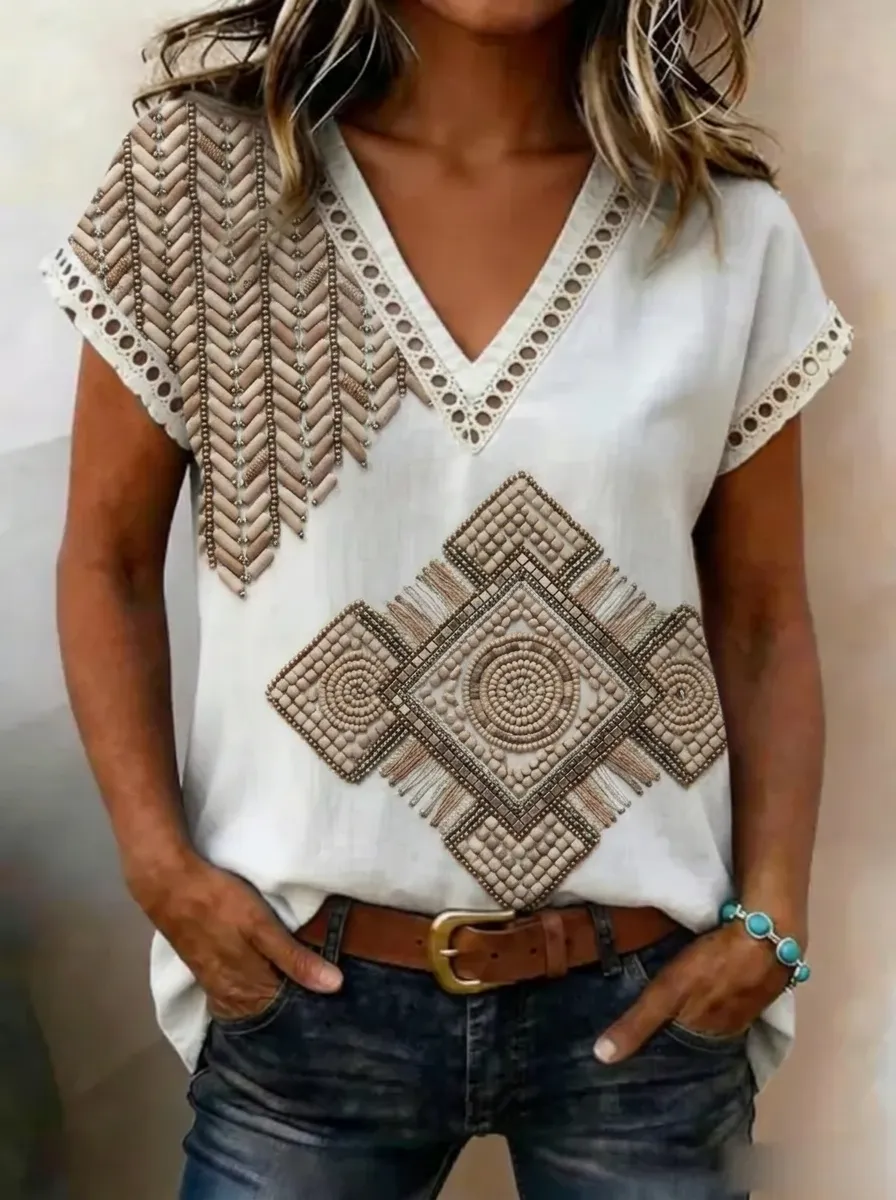 Women's Nashville Western Geometric Beaded Printed V-Neck Top