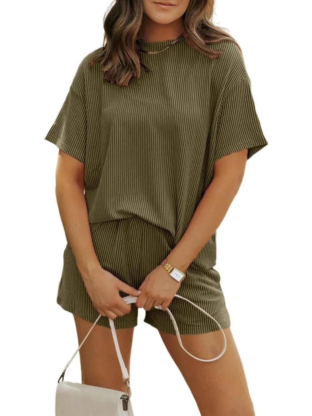 Women'S Crew Neck Ribbed Textured Shorts Set