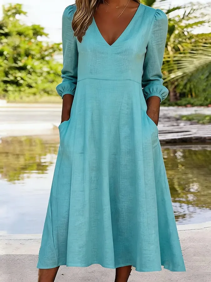 Women's Casual Solid Color V-Neck Cotton And Linen Dress