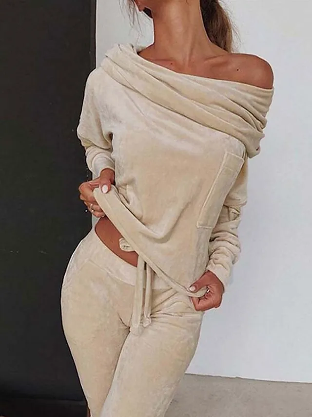 Women‘s Loungewear Sets Winter 2 Pieces Pure Color Comfort Plush Home Street Polyester One Shoulder Long Sleeve Pant Elastic Waist Winter Fall Purple Pink