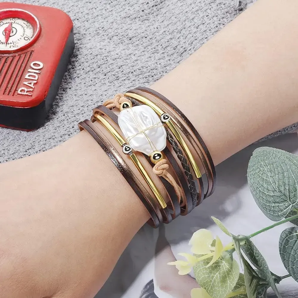 Fesciory Leather Wrap Bracelets for Women, Boho Leopard Multi-Layer Crystal Beads Cuff Bracelet Jewelry