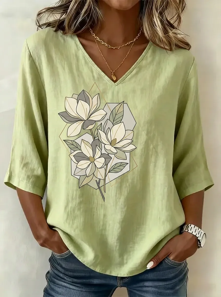 Women's Nashville Magnolia Flower Geometric Printed V-neck Top