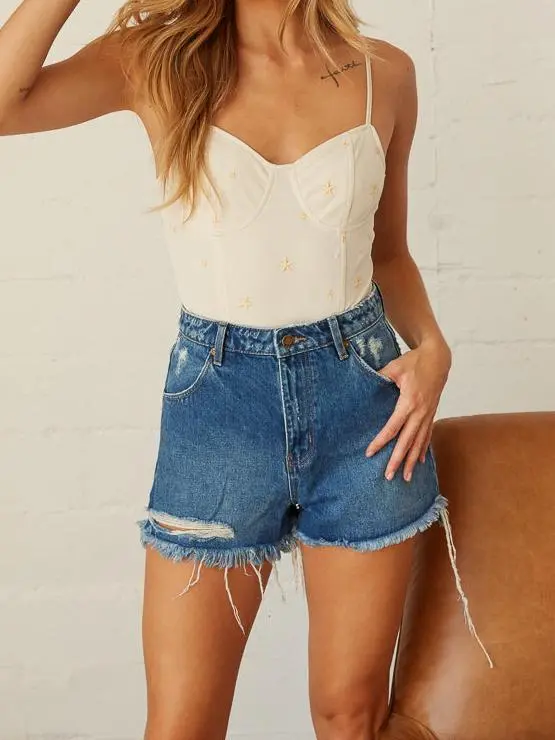 Layla Distressed Denim High-Rise Duster Shorts in Ashley Blue