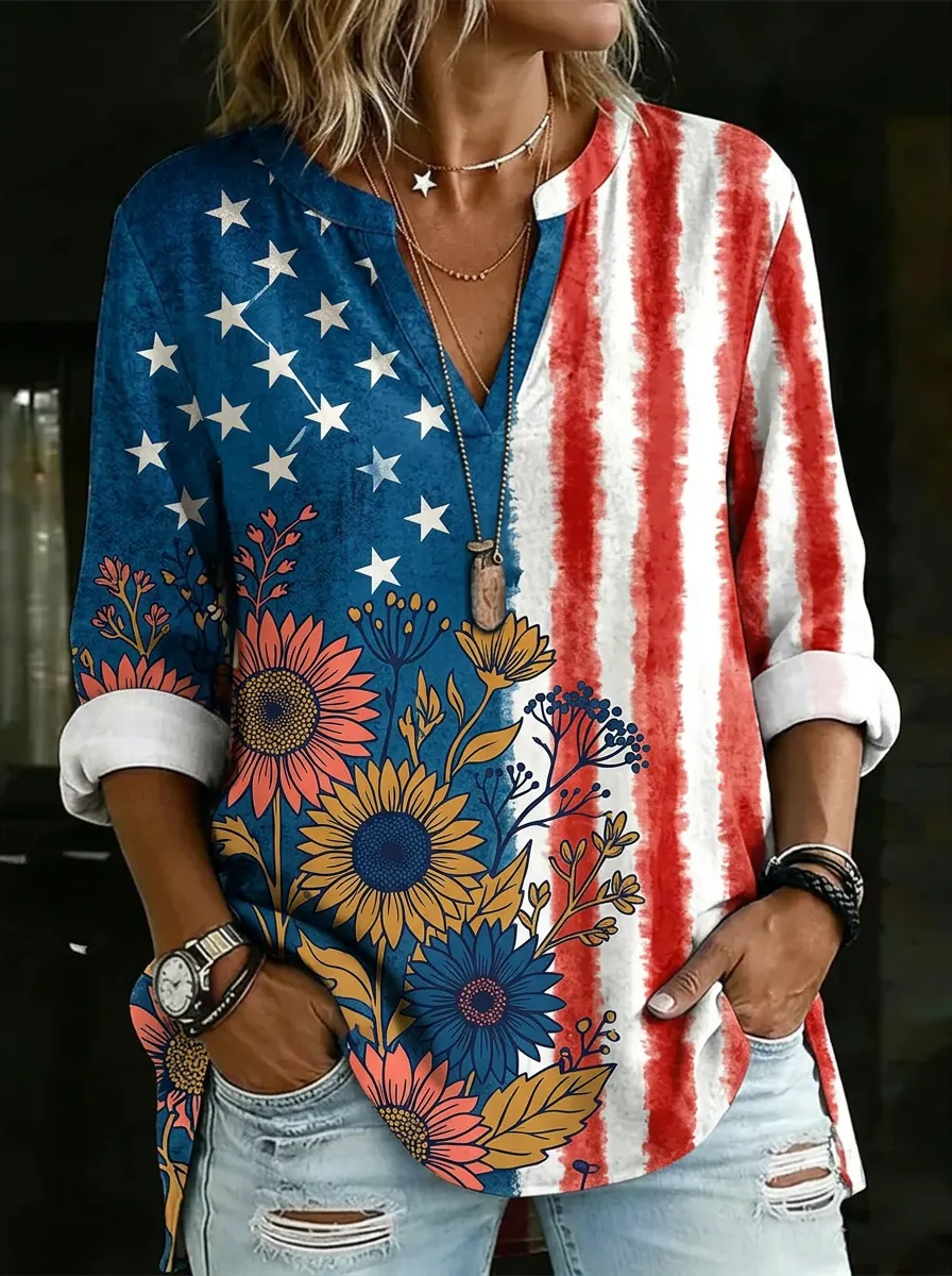 Women's Nashville Sunflower American Flag Printed V-Neck Top
