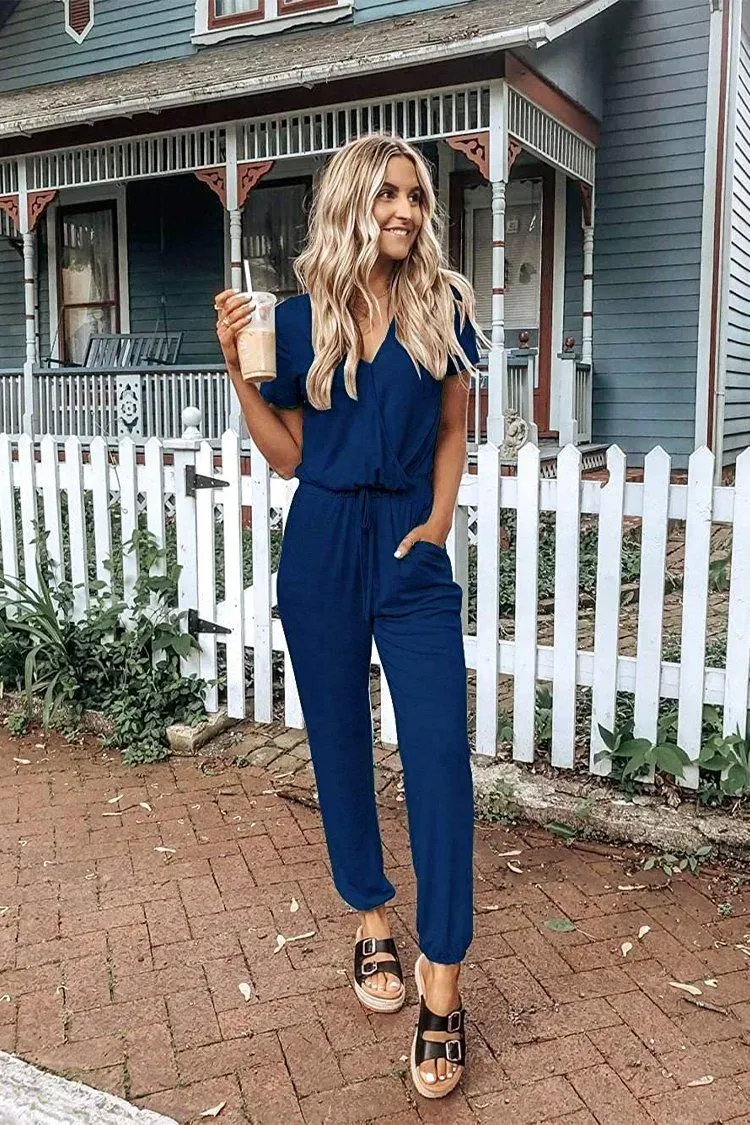 Deep V Neck Wrap Drawstring Waist Jumpsuit