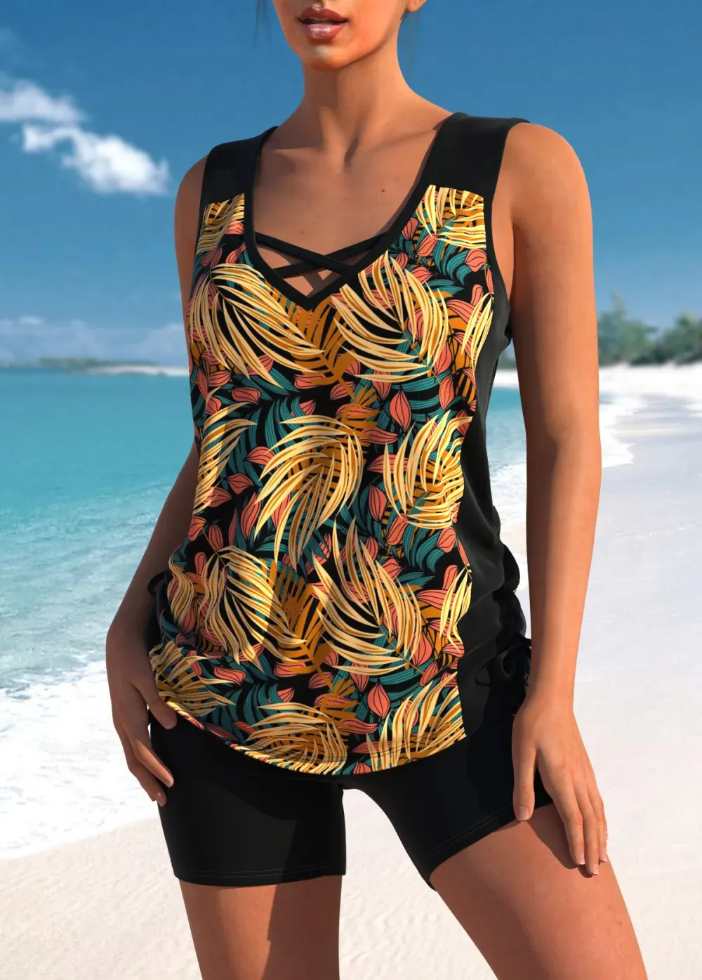 Floral Print Black Cross Strap Tankini Set