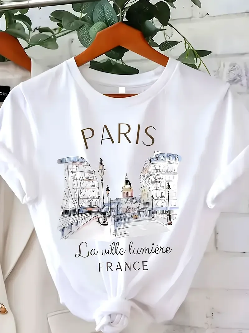 Women's Paris Print Casual Summer Crew Neck Short Sleeve T-Shirt