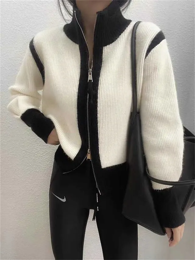 Women's Cardigan Sweater Jumper Ribbed Knit Regular Patchwork Zipper Color Block Stand Collar Stylish Casual Outdoor Daily Fall Winter Black White S M L