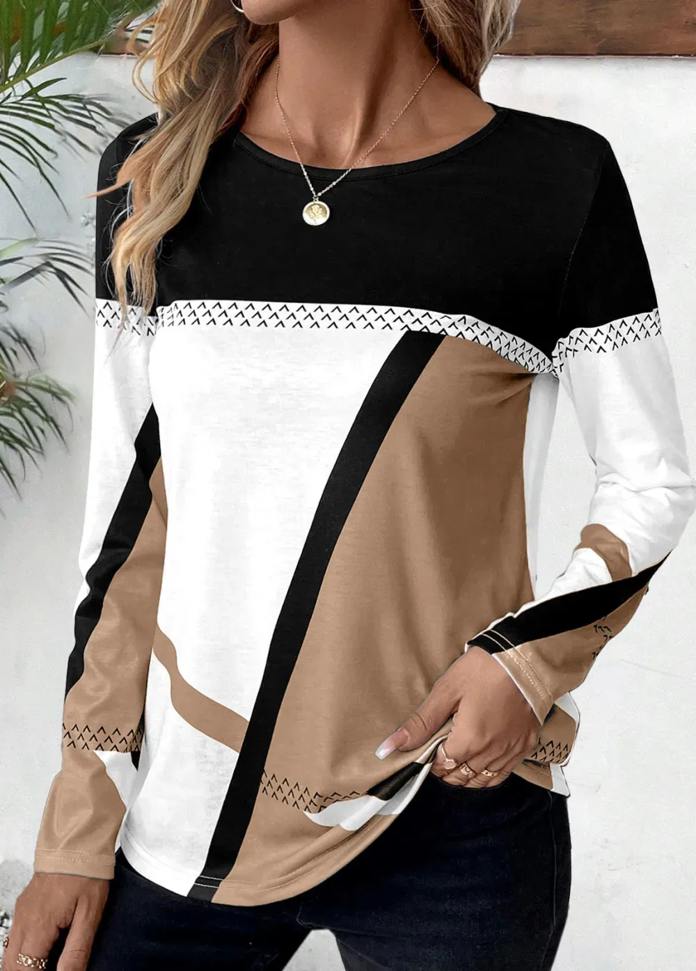 Light Coffee Patchwork Geometric Print Long Sleeve T Shirt