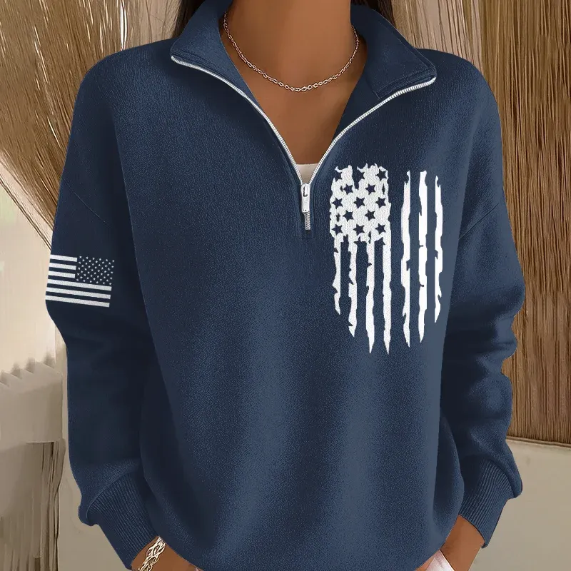 Women's Veteran Art Print Casual Zip-Up Sweatshirt