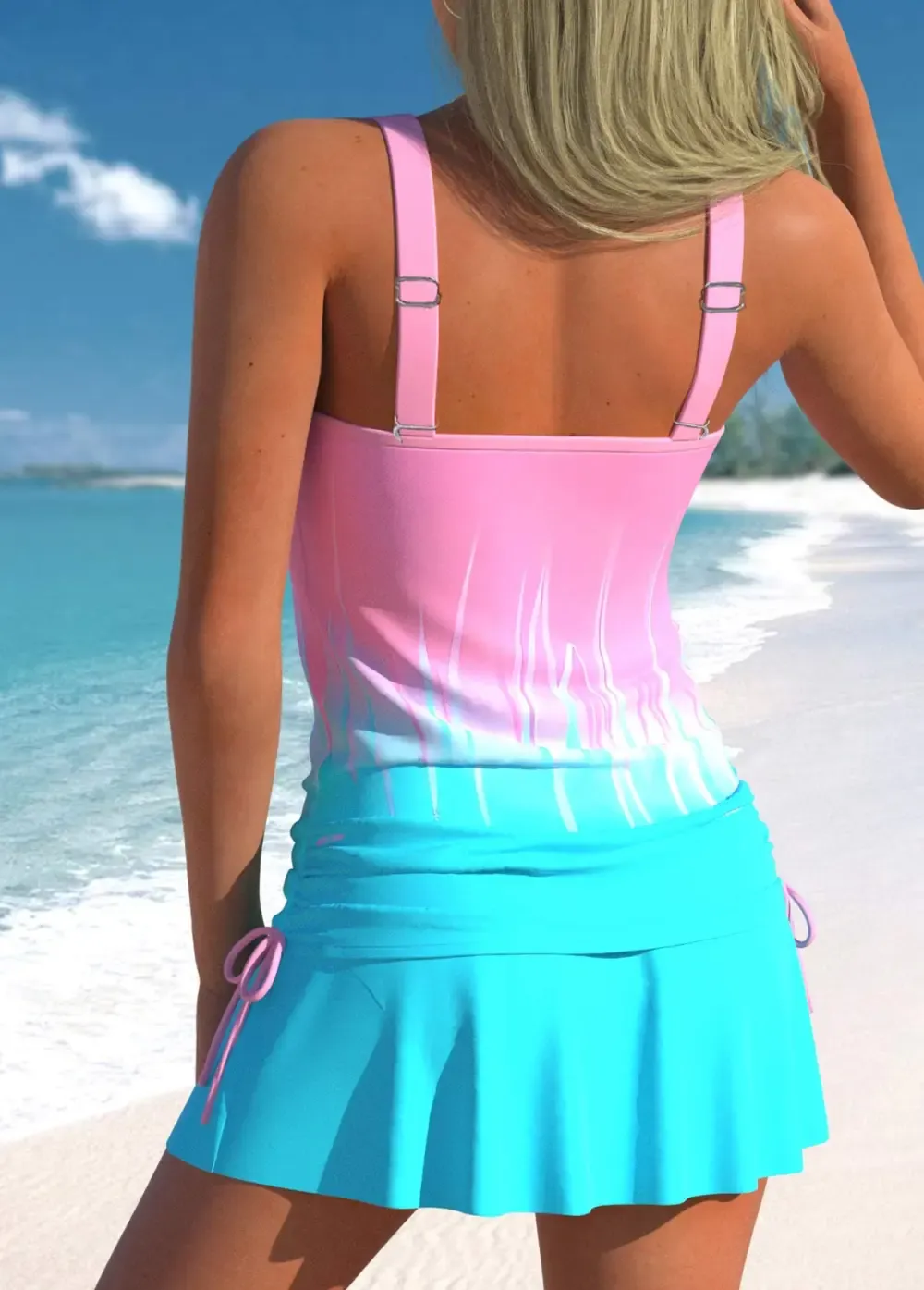 Drawstring Geometric Print Dusty Blue Tankini Top