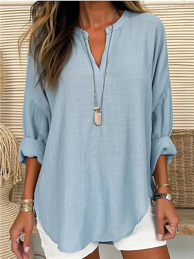 Women's Shirt Blouse Linen White Pink Sky Blue Green Color