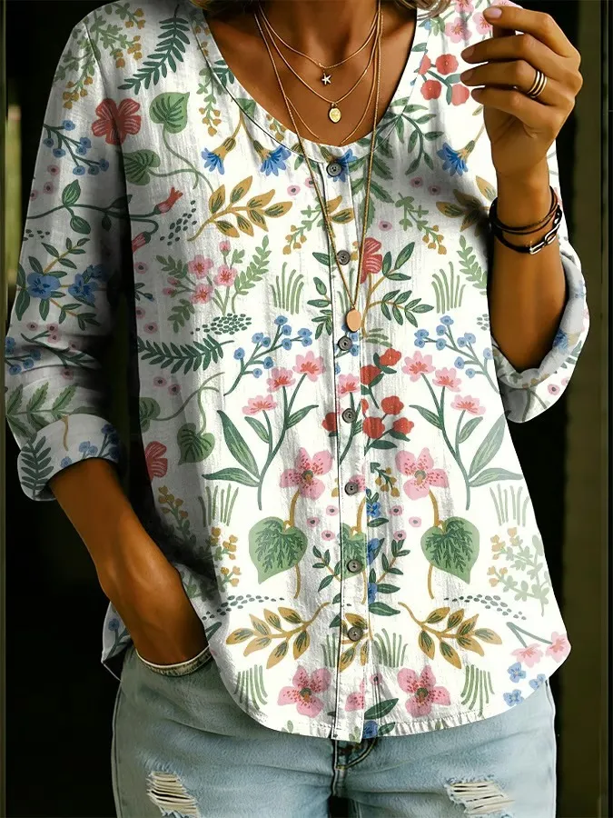 Women's Retro Floral Printed Shirt