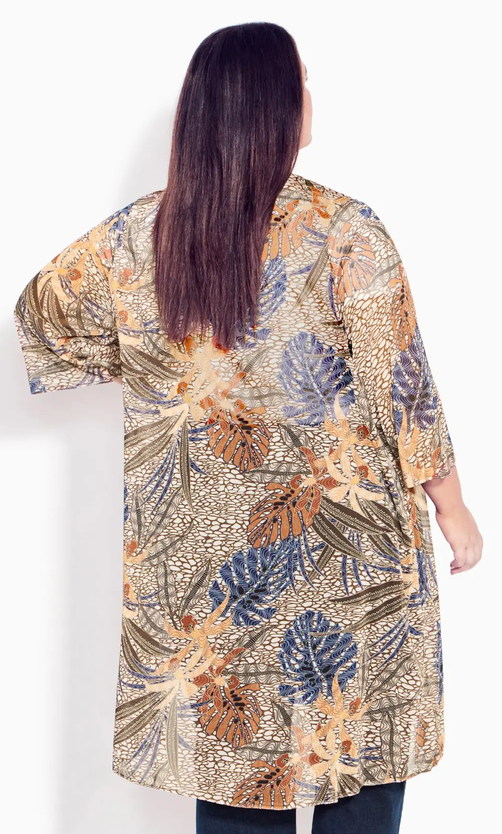 Evans Beige & Blue Palm Print Kimono