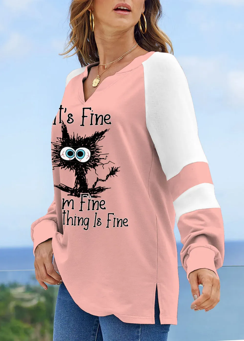 Long Sleeve Split Neck Contrast Sweatshirt