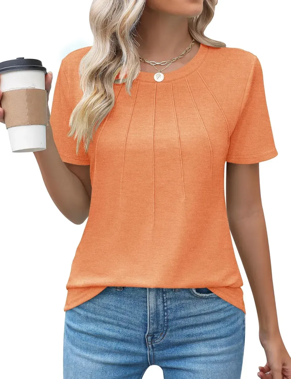 Kistore Womens Casual Crew Neck Short Sleeve Pleated Tops Blouses Fashion Clothes 2024